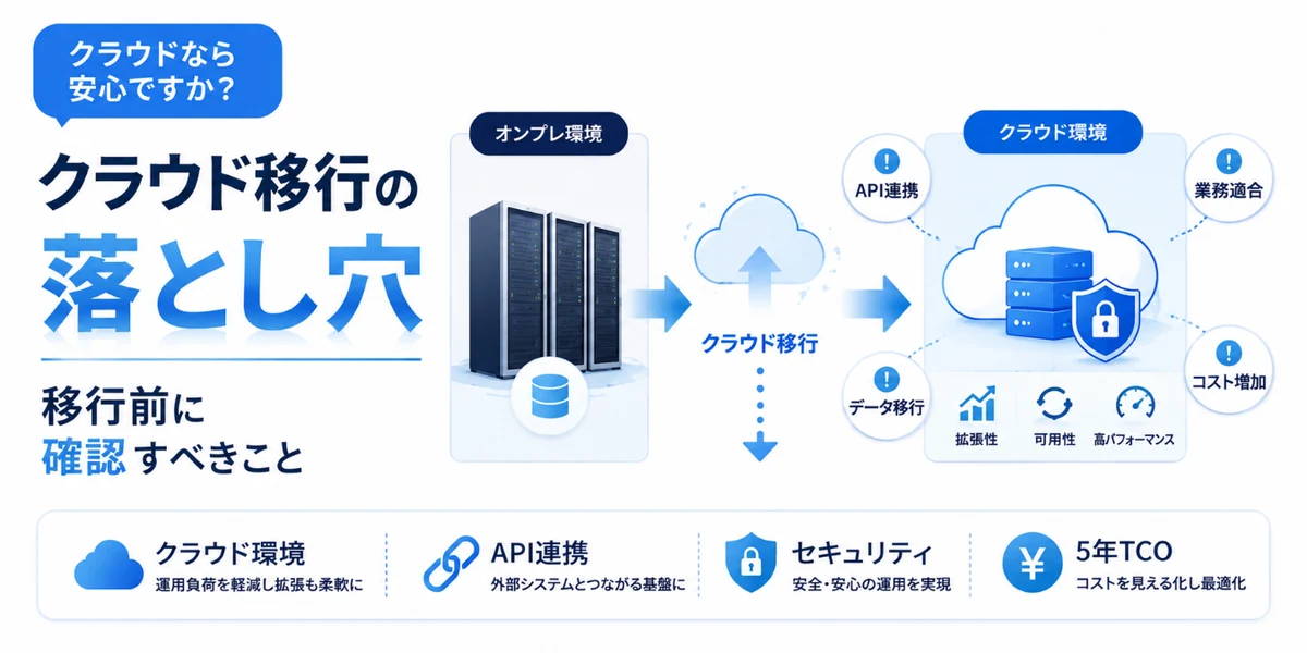 クラウドなら安心ですか？ クラウド移行の落とし穴。移行前に確認すべきこと。クラウド環境・API連携・セキュリティ・5年TCO