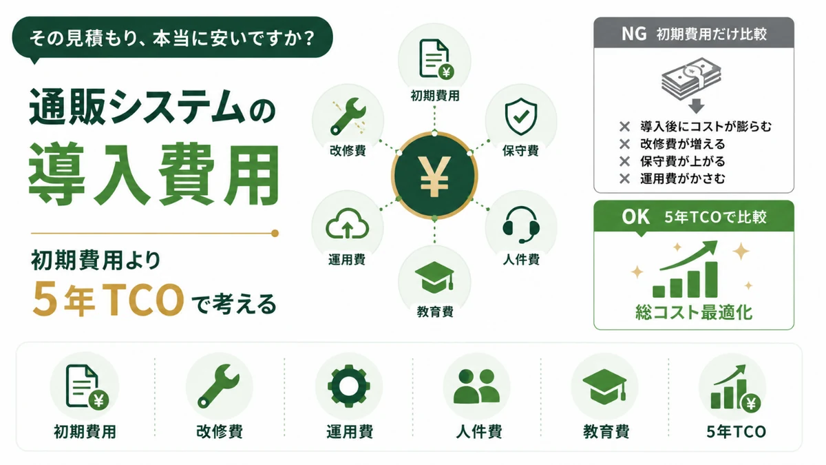 その見積もり、本当に安いですか？ 通販システムの導入費用。初期費用より5年TCOで考える。初期費用・改修費・運用費・人件費・教育費・5年TCO