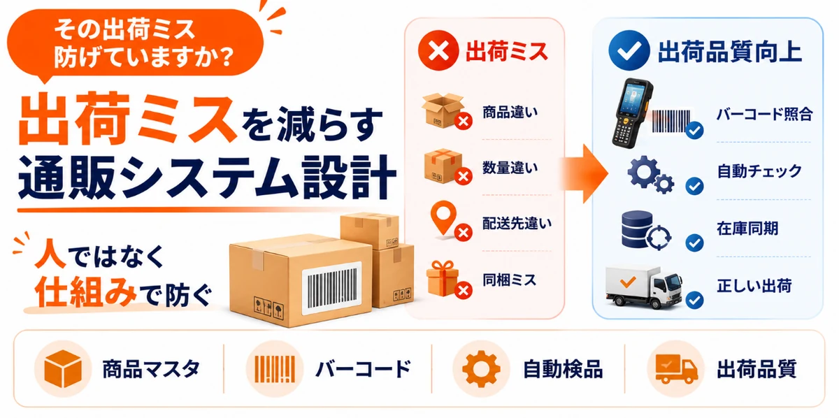 その出荷ミス、防げていますか？ 出荷ミスを減らす通販システム設計。人ではなく仕組みで防ぐ。商品マスタ・バーコード・自動検品・出荷品質