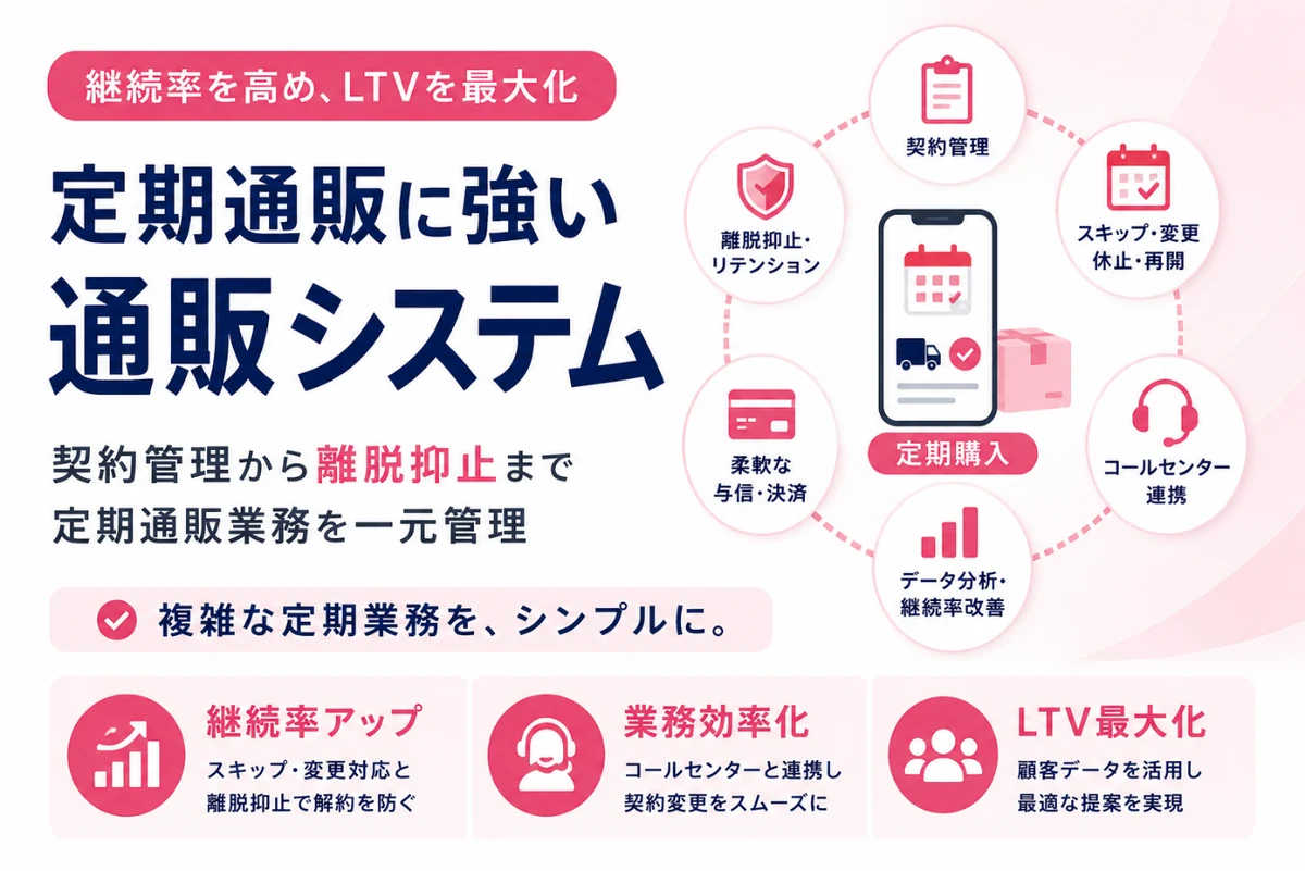 継続率を高め、LTVを最大化する定期通販に強い通販システム。契約管理・スキップ・変更・休止・再開・コールセンター連携・データ分析・与信決済・離脱抑止を一元管理